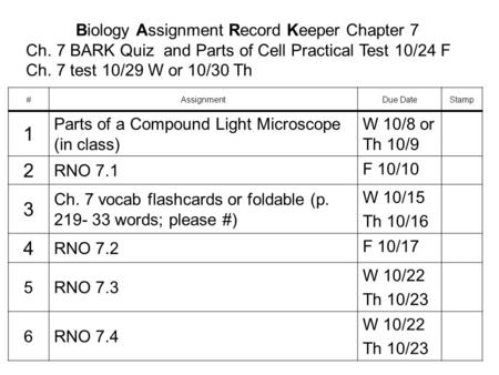 Biology Assignment Record Keeper Chapter 7 Ch. 7 BARK Quiz and Parts of Cell Practical Test 10/24 F Ch. 7 test 10/29 W or 10/30 Th #AssignmentDue DateStamp.