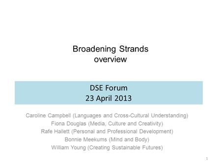 Broadening Strands overview Caroline Campbell (Languages and Cross-Cultural Understanding) Fiona Douglas (Media, Culture and Creativity) Rafe Hallett (Personal.