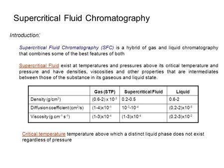 Supercritical Fluid Chromatography Introduction : Supercritical Fluid Chromatography (SFC) is a hybrid of gas and liquid chromatography that combines some.