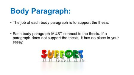 Body Paragraph: The job of each body paragraph is to support the thesis. Each body paragraph MUST connect to the thesis. If a paragraph does not support.