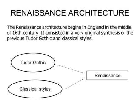RENAISSANCE ARCHITECTURE The Renaissance architecture begins in England in the middle of 16th century. It consisted in a very original synthesis of the.