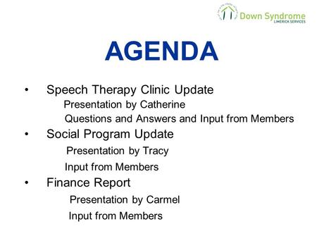 AGENDA Speech Therapy Clinic Update Presentation by Catherine Questions and Answers and Input from Members Social Program Update Presentation by Tracy.