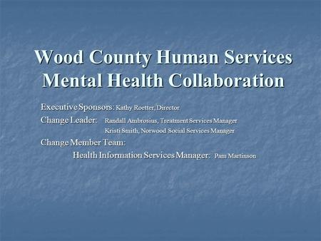 Wood County Human Services Mental Health Collaboration Executive Sponsors: Kathy Roetter, Director Change Leader: Randall Ambrosius, Treatment Services.