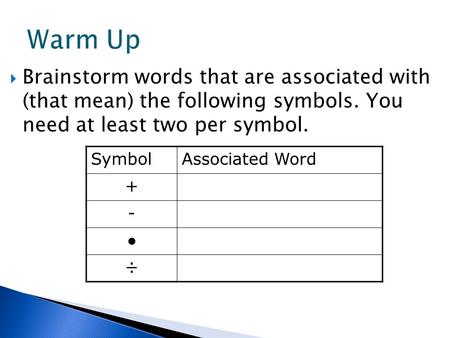 Warm Up  Brainstorm words that are associated with (that mean) the following symbols. You need at least two per symbol. SymbolAssociated Word + - ● ÷