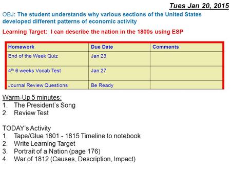 Tues Jan 20, 2015 Warm-Up 5 minutes: 1.The President’s Song 2.Review Test TODAY’s Activity 1.Tape/Glue 1801 - 1815 Timeline to notebook 2.Write Learning.
