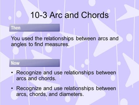 10-3 Arc and Chords You used the relationships between arcs and angles to find measures. Recognize and use relationships between arcs and chords. Recognize.