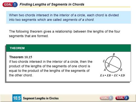 Finding Lengths of Segments in Chords When two chords intersect in the interior of a circle, each chord is divided into two segments which are called segments.