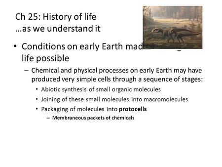 Ch 25: History of life …as we understand it Conditions on early Earth made the origin of life possible – Chemical and physical processes on early Earth.