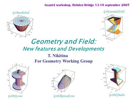 Geometry and Field: New features and Developments T. Nikitina For Geometry Working Group Geant4 workshop, Hebden Bridge 13-19 september 2007 G4Paraboloid.