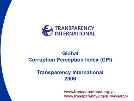Www.transparentnost.org.yu www.transparency.org/surveys/#cpi Global Corruption Perception Index (CPI) Transparency International 2006.