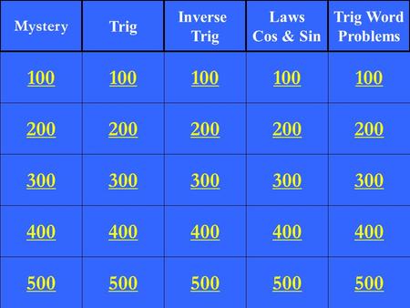 Mystery Trig Inverse Trig Laws Cos & Sin Trig Word Problems 100 100
