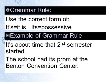 Grammar Rule: Use the correct form of: It’s=it is   Its=possessive