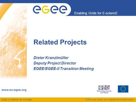 EGEE-II INFSO-RI-031688 Enabling Grids for E-sciencE www.eu-egee.org EGEE and gLite are registered trademarks Related Projects Dieter Kranzlmüller Deputy.