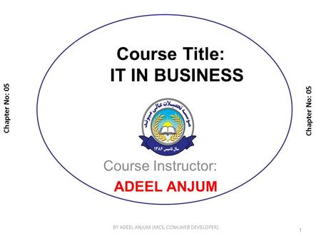 Course Title: IT IN BUSINESS Course Instructor: ADEEL ANJUM Chapter No: 05 1 BY ADEEL ANJUM (MCS, CCNA,WEB DEVELOPER)