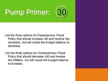 Pump Primer : List the three options for Expansionary Fiscal Policy that should increase AD and reverse the recession, but will cause the budget balance.