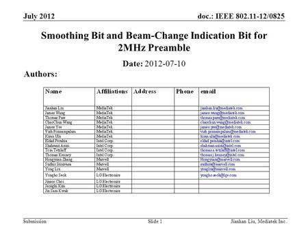 Doc.: IEEE 802.11-12/0825 Submission July 2012 Smoothing Bit and Beam-Change Indication Bit for 2MHz Preamble Date: 2012-07-10 Authors: Slide 1Jianhan.