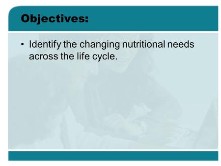 Objectives: Identify the changing nutritional needs across the life cycle.