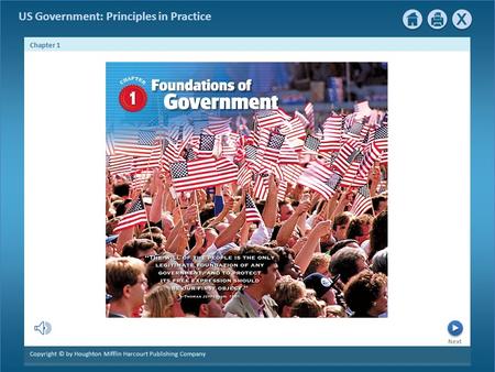 Next Chapter 1 Copyright © by Houghton Mifflin Harcourt Publishing Company US Government: Principles in Practice.