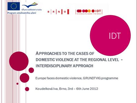 IDT A PPROACHES TO THE CASES OF DOMESTIC VIOLENCE AT THE REGIONAL LEVEL - INTERDISCIPLINARY APPROACH Europe faces domestic violence, GRUNDTVIG programme.
