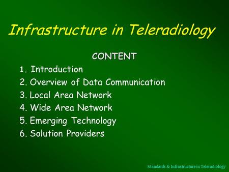 Infrastructure in Teleradiology CONTENT 1. Introduction 2. Overview of Data Communication 3. Local Area Network 4. Wide Area Network 5. Emerging Technology.