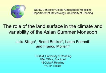 NERC Centre for Global Atmospheric Modelling Department of Meteorology, University of Reading The role of the land surface in the climate and variability.