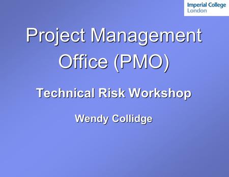 Project Management Office (PMO) Technical Risk Workshop Wendy Collidge.
