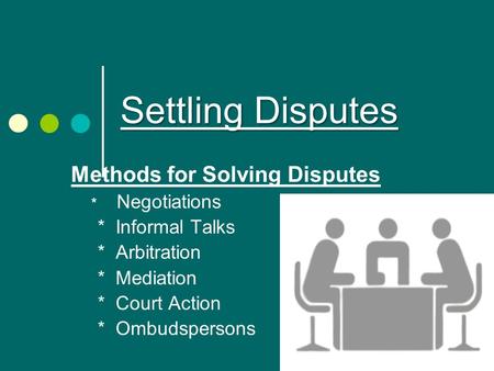 Settling Disputes Methods for Solving Disputes * Informal Talks