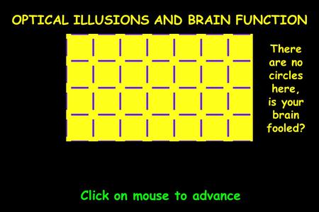 OPTICAL ILLUSIONS AND BRAIN FUNCTION Click on mouse to advance There are no circles here, is your brain fooled?
