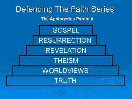Defending The Faith Series The Apologetics Pyramid TRUTH WORLDVIEWS THEISM REVELATION RESURRECTION GOSPEL.