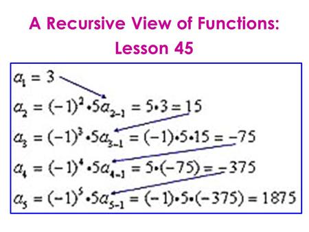 A Recursive View of Functions: Lesson 45. LESSON OBJECTIVE: Recognize and use recursion formula. DEFINITION: Recursive formula: Each term is formulated.
