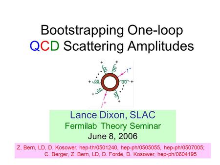 Bootstrapping One-loop QCD Scattering Amplitudes Lance Dixon, SLAC Fermilab Theory Seminar June 8, 2006 Z. Bern, LD, D. Kosower, hep-th/0501240, hep-ph/0505055,