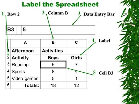 Label the Spreadsheet B35 ABC 1 AfternoonActivities 2 ActivityBoysGirls 3 Reading57 4 Sports84 5 Video games51 6 Totals:1812 1 2 4 3 5 Row 2 Column B Data.