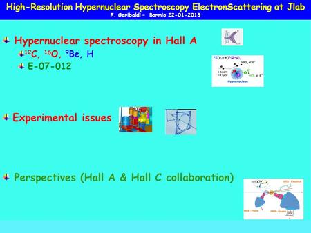 Hypernuclear spectroscopy in Hall A 12 C, 16 O, 9 Be, H E-07-012 Experimental issues Perspectives (Hall A & Hall C collaboration) High-Resolution Hypernuclear.