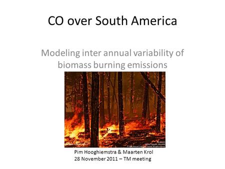 CO over South America Modeling inter annual variability of biomass burning emissions Pim Hooghiemstra & Maarten Krol 28 November 2011 – TM meeting.
