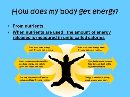 How does my body get energy? From nutrients. When nutrients are used, the amount of energy released is measured in units called calories.