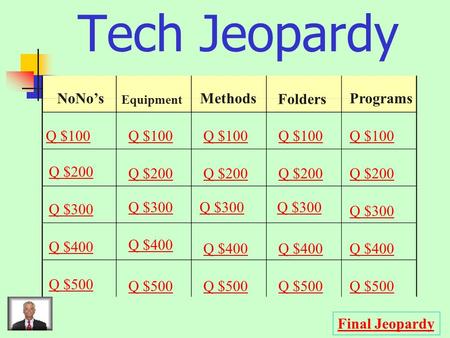 Tech Jeopardy NoNo’s Equipment Methods Folders Programs Q $100 Q $200 Q $300 Q $400 Q $500 Q $100 Q $200 Q $300 Q $400 Q $500 Final Jeopardy.