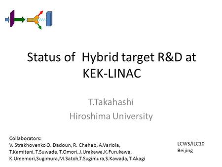 Status of Hybrid target R&D at KEK-LINAC T.Takahashi Hiroshima University LCWS/ILC10 Beijing Collaborators: V. Strakhovenko O. Dadoun, R. Chehab, A.Variola,