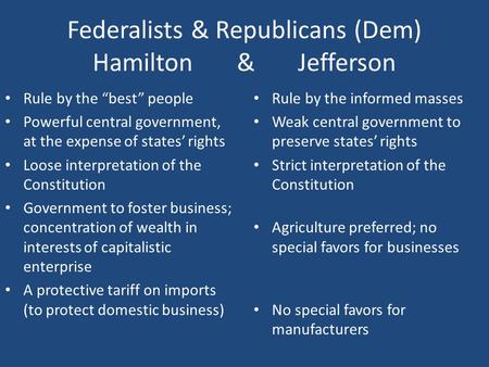 Federalists & Republicans (Dem) Hamilton & Jefferson Rule by the “best” people Powerful central government, at the expense of states’ rights Loose interpretation.