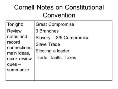 Cornell Notes on Constitutional Convention Tonight: Review notes and record connections, main ideas, quick review ques – summarize Great Compromise 3 Branches.