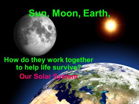 Sun, Moon, Earth, How do they work together to help life survive? Our Solar System.