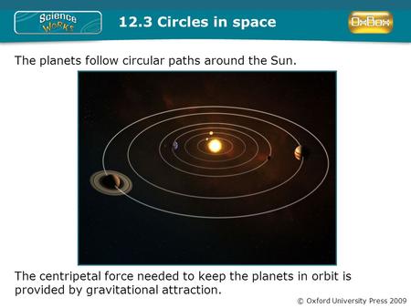 © Oxford University Press 2009 12.3 Circles in space The planets follow circular paths around the Sun. The centripetal force needed to keep the planets.