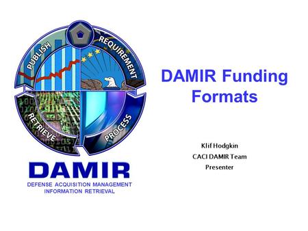 DEFENSE ACQUISITION MANAGEMENT INFORMATION RETRIEVAL DAMIR Funding Formats Klif Hodgkin CACI DAMIR Team Presenter.