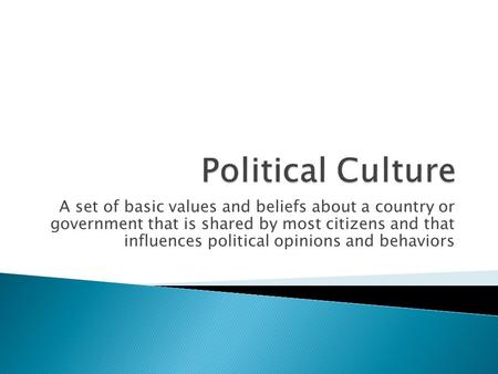 A set of basic values and beliefs about a country or government that is shared by most citizens and that influences political opinions and behaviors.