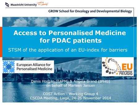 Access to Personalised Medicine for PDAC patients STSM of the application of an EU-index for barriers Denis Horgan (EAPM) & Angela Brand (IPHG) on behalf.