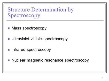 Structure Determination by Spectroscopy Mass spectroscopy Ultraviolet-visible spectroscopy Infrared spectroscopy Nuclear magnetic resonance spectroscopy.