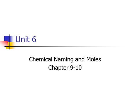 Unit 6 Chemical Naming and Moles Chapter 9-10. Naming Ions Positive Ions, cations, simply retain their name. Na +  Sodium Ion Mg 2+  Magnesium Ion.