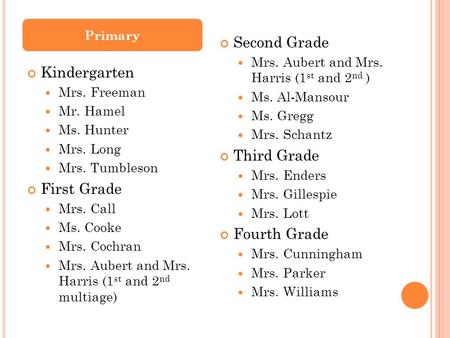 Primary Kindergarten Mrs. Freeman Mr. Hamel Ms. Hunter Mrs. Long Mrs. Tumbleson First Grade Mrs. Call Ms. Cooke Mrs. Cochran Mrs. Aubert and Mrs. Harris.