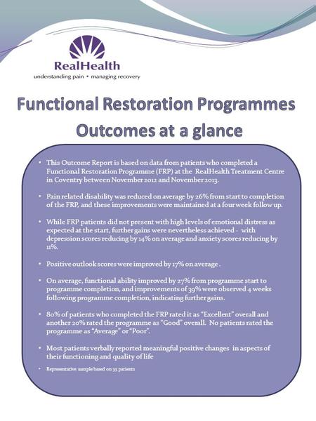 This Outcome Report is based on data from patients who completed a Functional Restoration Programme (FRP) at the RealHealth Treatment Centre in Coventry.