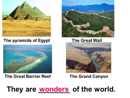 The pyramids of EgyptThe Great Wall They are ________ of the world.wonders The Great Barrier ReefThe Grand Canyon.
