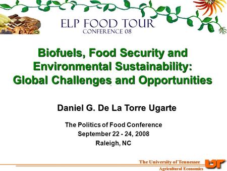Biofuels, Food Security and Environmental Sustainability: Global Challenges and Opportunities Daniel G. De La Torre Ugarte The Politics of Food Conference.